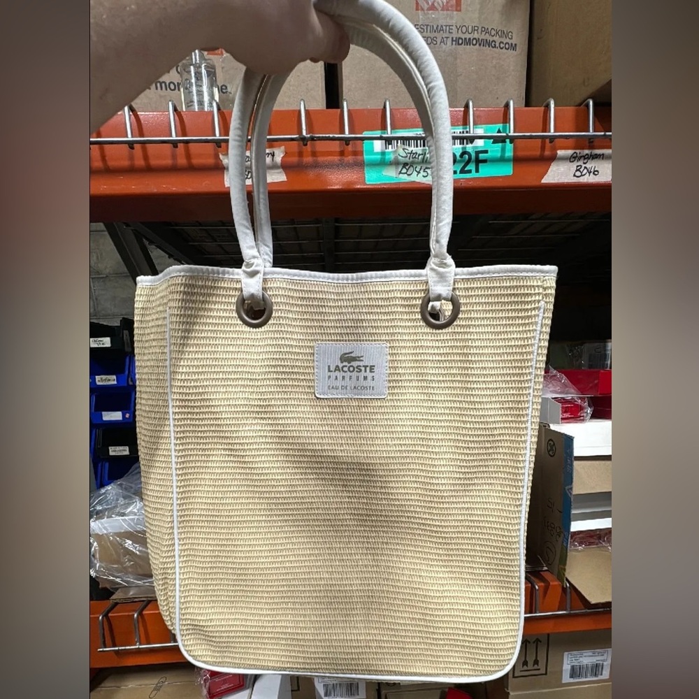 Lacoste GWP BEIGE STRAW TOTE BAG WITH FAUX WHITE LEATHER TRIM
